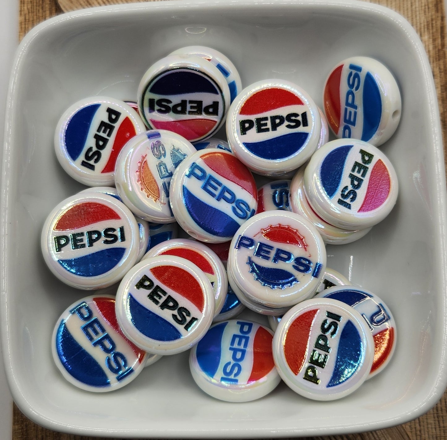 Acrylic Red and Blue Cola focal beads White